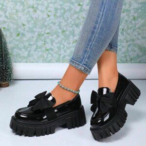 Black faux Patent Leather Loafers with Bow
